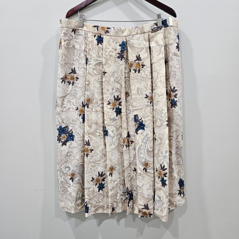Vintage Geiger Floral Wool Blend Pleated Skirt 50 Beige Quiet Luxury Festival